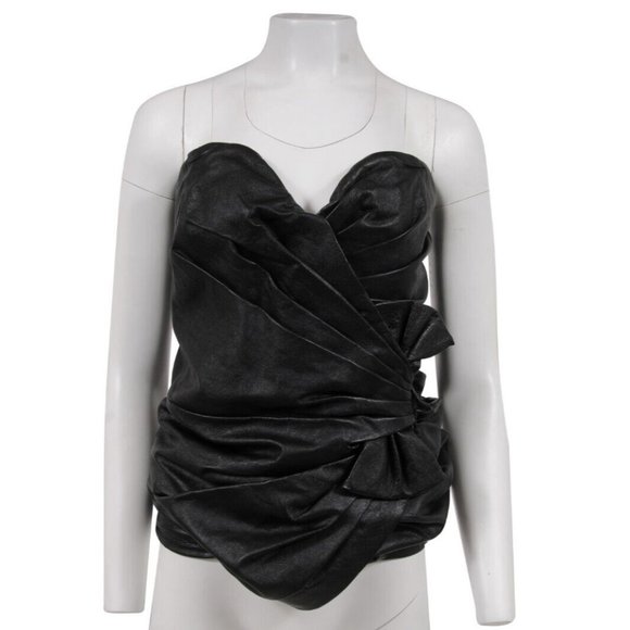 Saint Laurent Womens Strapless Mini Dress Size 38 Black Leather Side Bow Ruffled - Picture 1 of 13